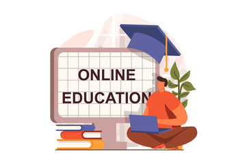Poster - Online education web concept in flat design. Student studies remotely using laptop, reads textbooks and takes exams, watches videos and gains knowledge online. Vector illustration with people scene
