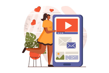 Poster - People sit in gadgets web concept in flat design. Happy woman browsing sites, watching video content, chatting and scrolling feed in apps using smartphone. Vector illustration with characters scene