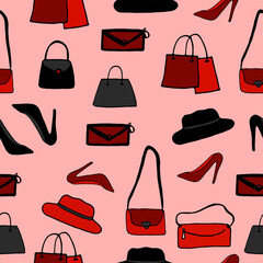 female fashion icon. handbag, slingbag, hat, clutch, wallet and heels illustration on pink background. hand drawn vector. doodle art for wallpaper, wrapping paper, fabric, backdrop. seamless pattern. 