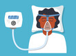 © dukesn - Continuous positive airway pressure.Obstructive sleep apnea.African american man lying on bed.Cpap mask.Patient in hospital cpap therapy.mask fitted over a head. The guy with the oxygen mask fitted ov