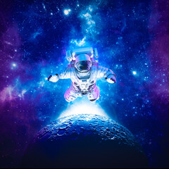 Wall Mural - astronaut floating above moon - 3d illustration of science fiction space suited figure among the sta