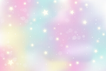 Wall Mural - rainbow unicorn background. holographic illustration in pastel colors. cute cartoon girly wallpaper.