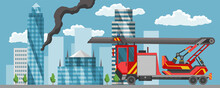 Fire Truck On City Town Lanscape In Flat Style. Fire Engine. Emergency Fire Vehicle Template. Red Transportation For Firefighting Or Fire Extinguishing Design Element