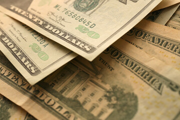 Big amount of old 20 dollar bills details on macro photography. Money earnings, payday or tax paying period