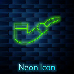 Canvas Print - Glowing neon line Smoking pipe icon isolated on brick wall background. Tobacco pipe. Vector