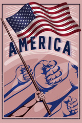 Wall Mural - Flag of the United States Poster Vector Illustration Design. Hands Holding America National Flag Vintage Poster Illustration. World Nation Flag Poster Vector Illustration