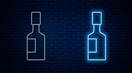 Poster - Glowing neon line Tabasco sauce icon isolated on brick wall background. Chili cayenne spicy pepper sauce. Vector