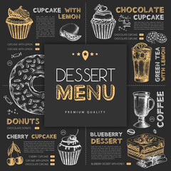 Wall Mural - Chalk drawing dessert restaurant menu design with hand drawing cupcakes. Vector illustration