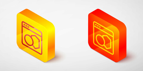 Isometric line Software, web developer programming code icon isolated on grey background. Javascript computer script random parts of program code. Yellow and orange square button. Vector