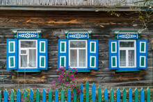 Carved Wooden Windows In Old Wooden Houses In Oleshnia Village, Chernihiv Region, Ukraine.