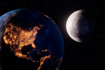 Wall Mural - the planet earth and the moon, the shining cities of the USA, Canada, the concept program for the exploration of the moon. 3d illustration