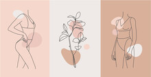 Vector Set Of Line Body Silhouette Illustrations, Women And Floral Art . Minimalist Linear Female Figure. Body Positive Cards, Posters, Prints, Social Net Stories