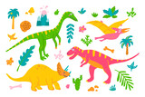 Fototapeta Dinusie - Bright set of dinosaurs and plants on white background in hand drawn style, vector childrens flat illustration