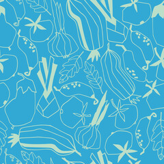  Seamless repeating pattern with vegetables. Stylized vector line art. Abstract trendy illustrations on blue background. Healthy food, carbs, veganism concept