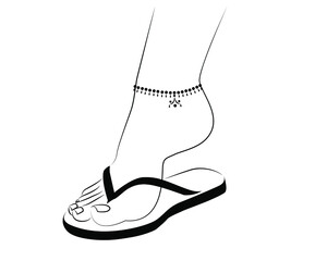 Beautiful Woman Feet wearing Sandals and Anklet line drawing isolated on white background - vector illustration