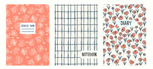 Set Of Cover Page Templates Based On Patterns With Anemone, Poppy Flowers In Ditzy Style And Gridlines. Backgrounds For Notebooks, Notepads, Diaries. Headers Isolated And Replaceable