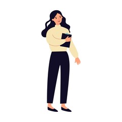 Wall Mural - Business woman standing near increase chart. Group leader with spyglass looking far away. Vector illustration for leadership, challenge, training