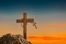 The Crucifixion Of Jesus Christ At The Sunrise - Silhouette Three Crosses On Hill