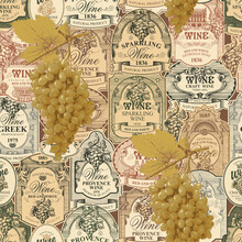 Seamless Pattern With Bunches Of Green Grapes On A Backdrop Of Various Retro-style Wine Labels. Suitable For Wallpaper, Wrapping Paper Or Fabric. Vector Background On The Theme Of Wine And Winery