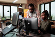 © DC Studio - Software company employees brainstorming design ideas while sitting in office workspace. Creative agency production department workers trying to solve development issues of 3D project.
