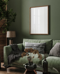 Poster frame mock-up in home interior background, living room in dark green tones, 3d render