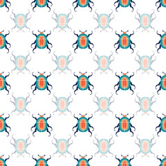 Wall Mural - Vector seamless pattern with checkerboard retro beetle. Elegant geometric print with beetles on a white background.