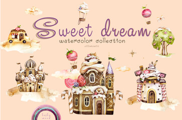  Sweet land watercolor illustration, wonderland. Cartoon fantasy candy houses and fairy tale sweet castles. Chocolate, gingerbread and ice cream watercolor set. Dessert homes with cream,hot air balloon