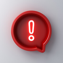 Poster - Neon light exclamation mark icon in red round speech bubble box 3d social media notification isolated on white wall background with shadow 3D rendering