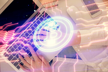 Poster - Double exposure of woman hands working on computer and blockchain theme hologram drawing. Top View. bitcoin cryptocurrency concept.