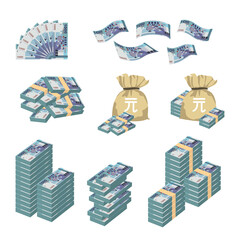 Wall Mural - New Taiwan Dollar Vector Illustration. Huge packs of Taiwanese money set bundle banknotes. Bundle with cash bills. Deposit, wealth, accumulation and inheritance. Falling money 1000 TWD.