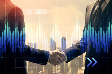 Poster - Double exposure of forex graph hologram and handshake of two men. Stock market concept.