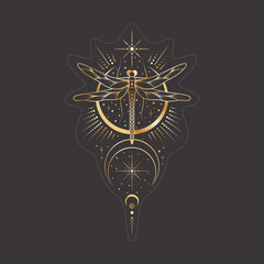 Wall Mural - vector mystic celestial sticker a with golden outline insect, stars and crescents. black occult shin
