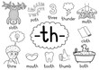 © juliyas - Th digraph spelling rule black and white educational poster for kids with words. Learning -th- phonics for school and preschool. Phonetic worksheet. Vector illustration