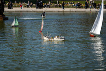 Traditional Small Model Boats On The Lake And Pond Of Luxembourg Garden In Paris.