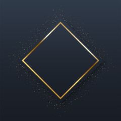 Wall Mural - Decorative rhombus gold frame vector illustration. 3d realistic shiny bright golden border design for fashion greeting card, ornate unique framework with sparkles on black background