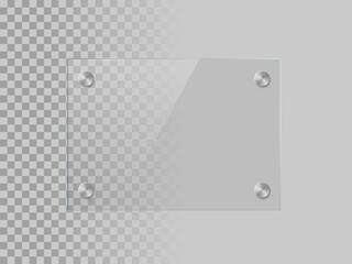Poster - Glass rectangle plate isolated on transparent bacground. Vector realistic acrylic frame with steel rivets