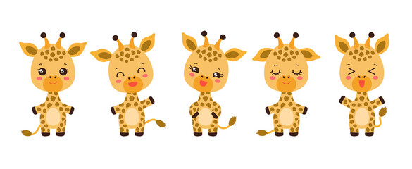 Wall Mural - Cute kawaii giraffe emoji icons. Adorable safari animal cartoon character mascot. Face expressions - cheerful, happy, calm, waving hand. Funny little giraffe vector illustration.