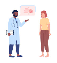 Poster - Doctor and upset woman at gut checkup semi flat color vector characters. Standing figures. Full body people on white. Medicine simple cartoon style illustration for web graphic design and animation