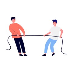 People pulling rope flat vector illustration. Office contest for two teams resisting each other in struggle. Competition