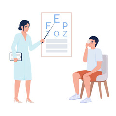 Poster - Eyesight checkup with doctor semi flat color vector characters. Posing figured. Full body people on white. Simple cartoon style illustration for web graphic design and animation. Comfortaa font used