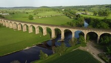 Drone Aerial View Along Arthington Viaduct And Fields Near Otley In The Yorkshire Countryside