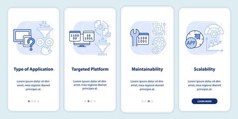 Programing language choice criteria light blue onboarding mobile app screen. Walkthrough 4 steps instructions pages with linear concepts. UI, UX, GUI template. Myriad Pro-Bold, Regular fonts used