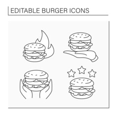 Wall Mural - Burger line icons set. Hot proposal, burger on palm, popular choice. Rte with three stars. Fast food concept. Isolated vector illustrations. Editable stroke