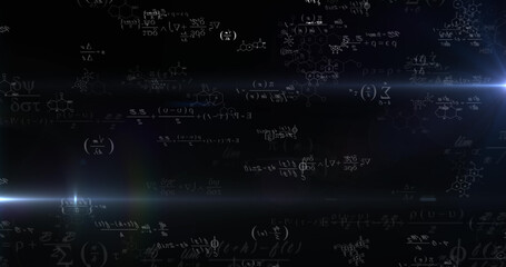 Image of mathematical equations and light spots on black background