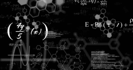 Image of mathematical equations and data processing on black background