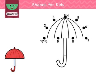 Poster - Dot to dot number game for kids. Connect the dots and draw an umbrella. Learning semicircle shape activity page for preschool. Worksheet for children. Vector illustration