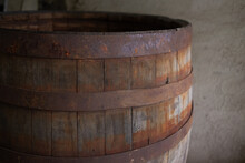 Old Wooden Barrel For Wine. Close Up View