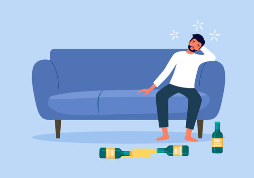 drunk man sleeping on sofa with beer bottle on the floor in flat design. alcoholic character. alcoho