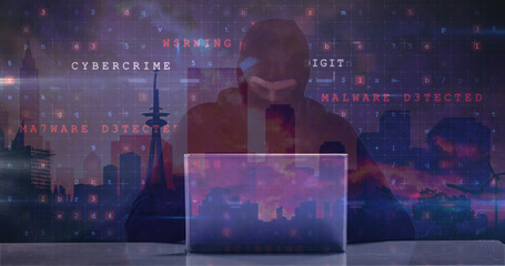 Poster - Image of caucasian male hacker and cyber attack warning over cityscape