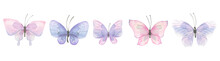A Set Of Delicate, Purple Butterflies. Watercolor Illustration. For The Design, Decoration And Compilation Of Various Compositions Of Postcards, Posters, Frames, Boards, Invitations, Booklets.